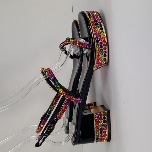 NEW JEFFREY CAMPBELL RHINESTONES BLACK FAUX PATENT LEATHER SANDALS WOMEN'S 8 - Picture 3 of 15